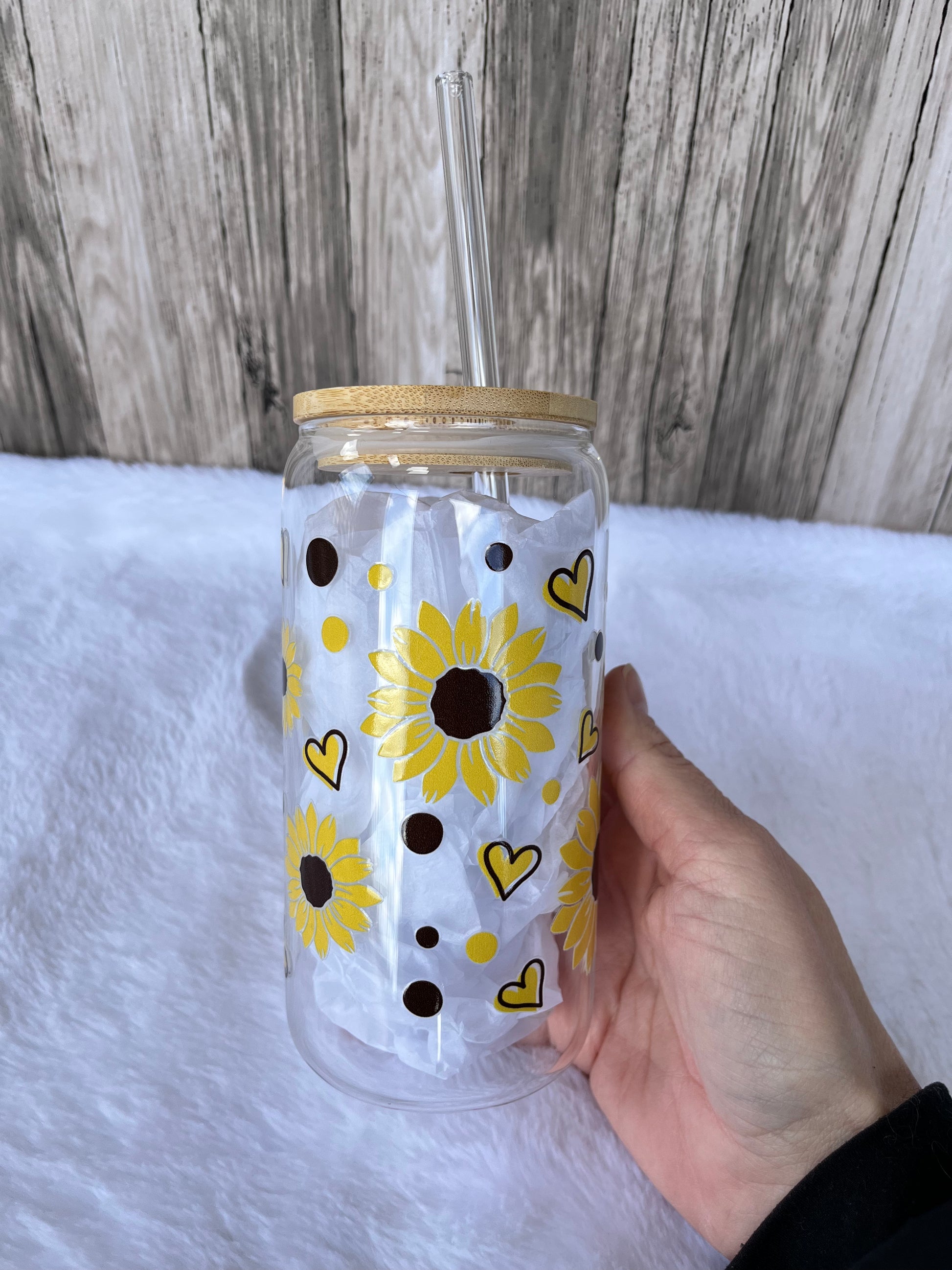 Sunflower 16 oz Glass Cup with Bamboo Lid
